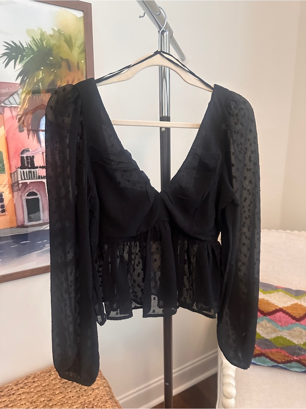 Anthropologie Black Sheer Dot Peplum Long-Sleeve Blouse